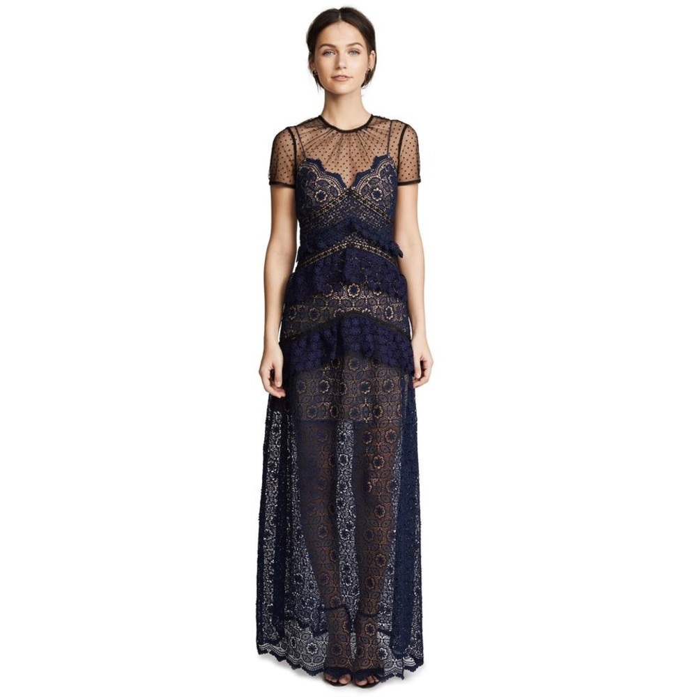 Self Portrait Lace Paneled Maxi Navy Blue Dress